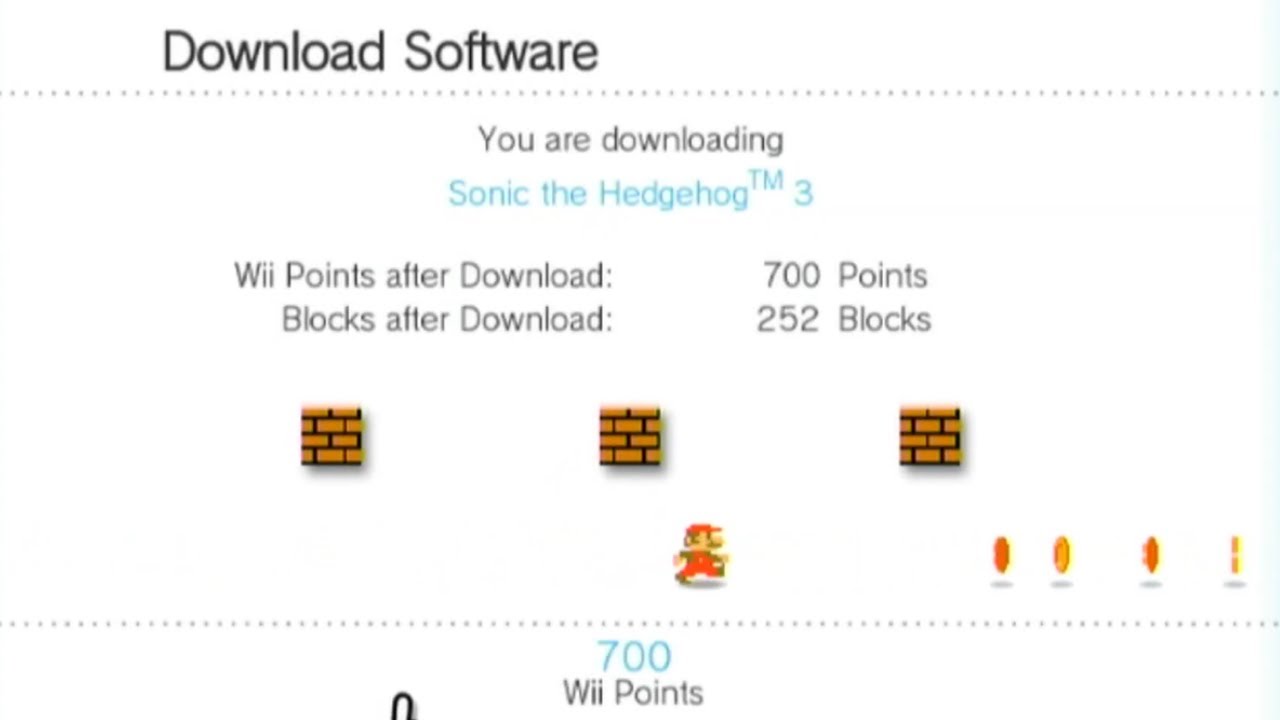 Download screen from the Nintendo Wii, depicting Mario collecting coins and running beneath some brown blocks.