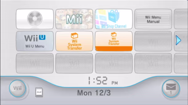Wii Menu view with Wii System Transfer channels installed