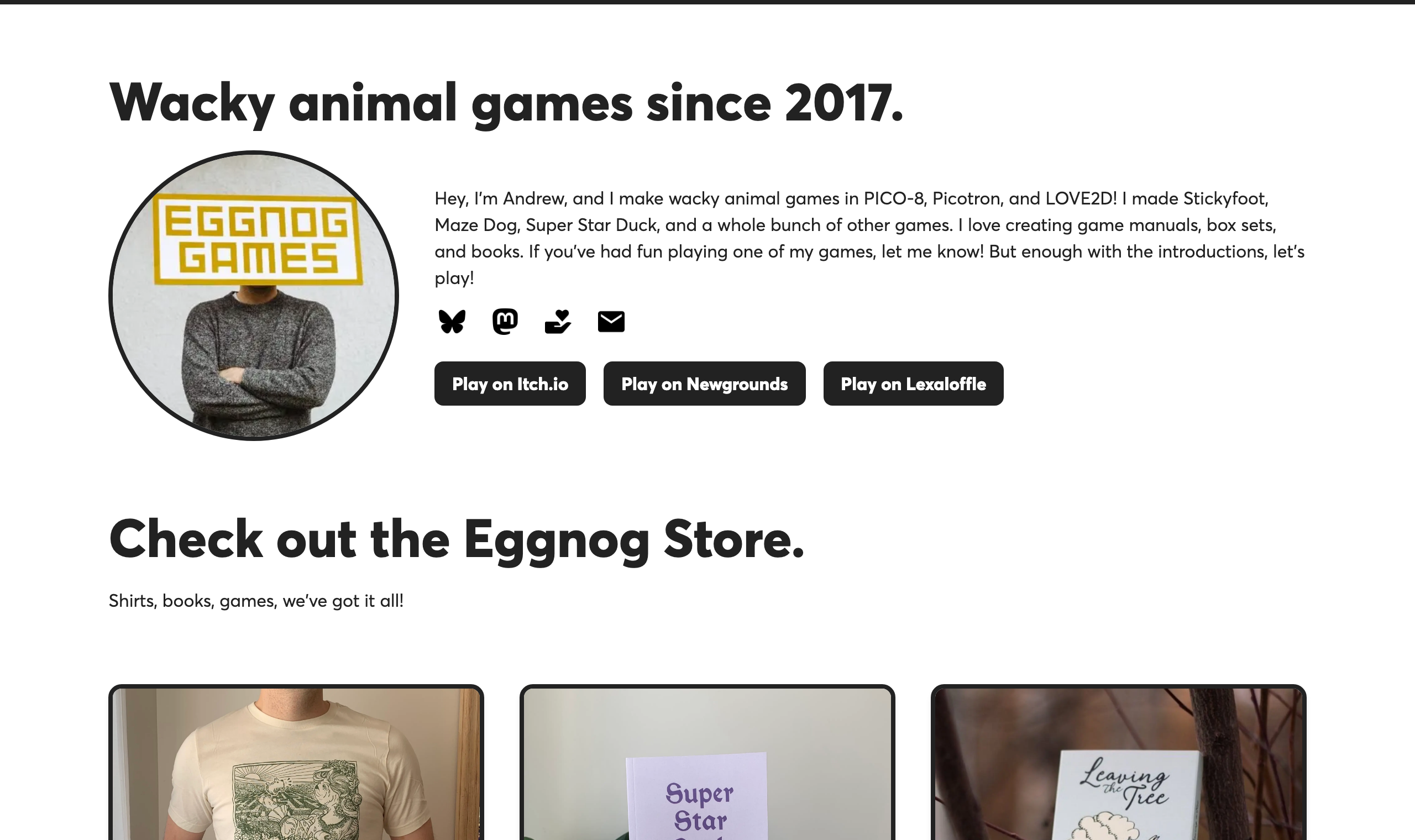 Screenshot of the Eggnog Games website